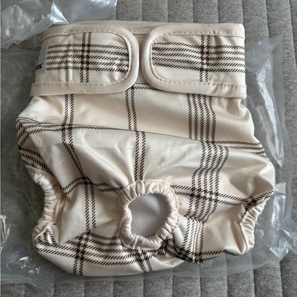 New Pet Parents washable brown and beige Checkered and Plaid dog Diapers, Size M
